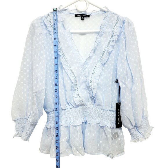 Blue Haute Monde Womens Polka Dot Blouse Smocked Waist Long Sleeves SIZE S - Picture 6 of 8